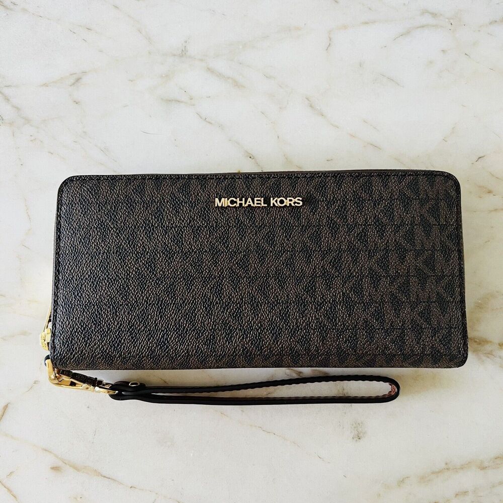 MICHAEL KORS Jet Set Travel Brown Leather Large Continental Zip Wallet Wristlet